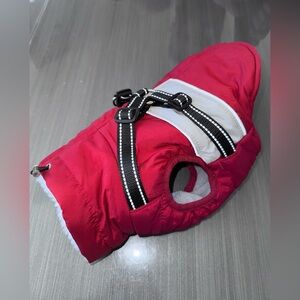 Red and Grey Dog Jacket with Harness